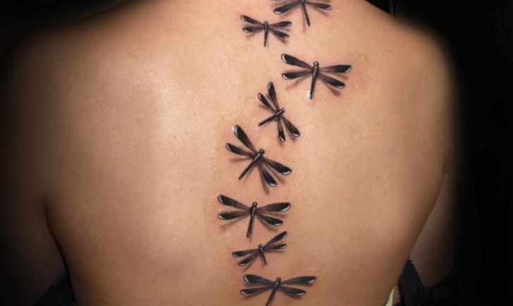 Flying Dragonflies Tattoo On Back