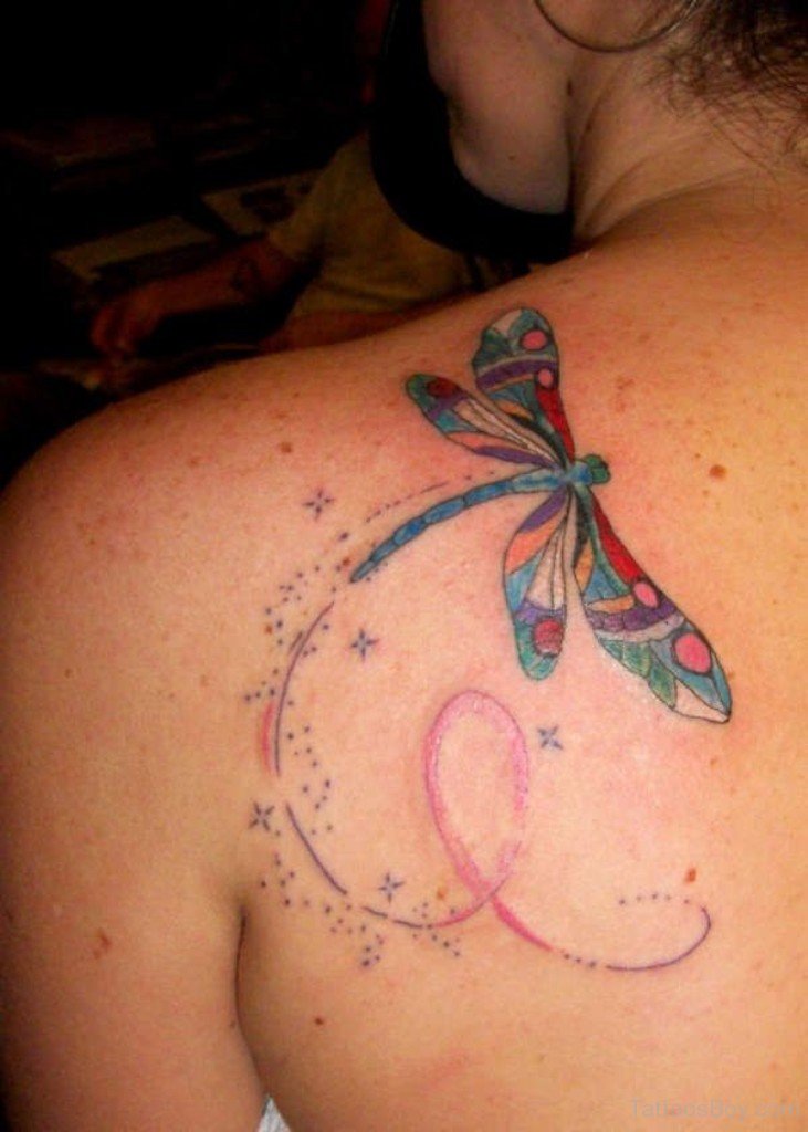 Flying Dragonfly Tattoo On Girl Back Shoulder