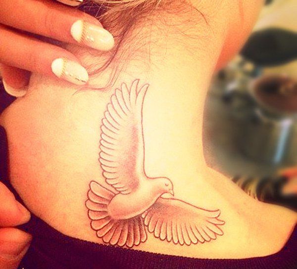 Flying Peace Dove Tattoo On Girl Upper Back