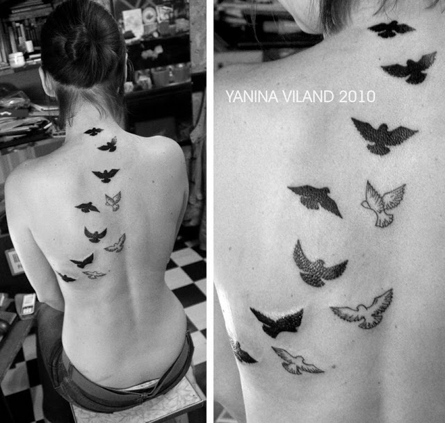 Flying Peace Dove Tattoos On Back by Yanina Viland