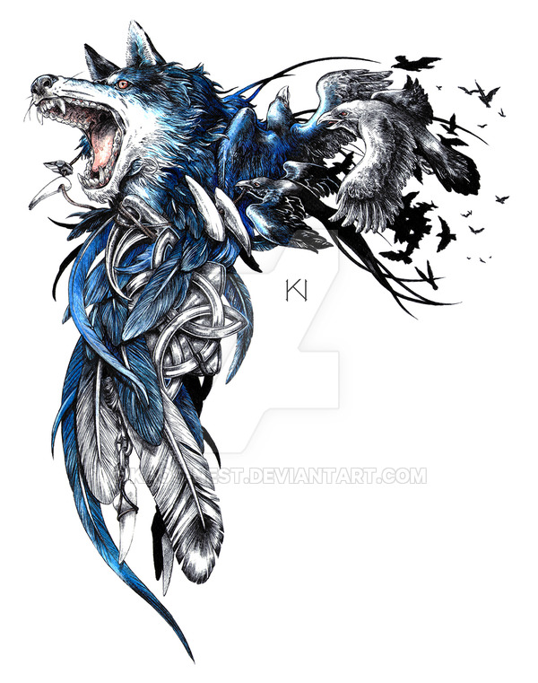 Flying Raven And Celtic Wolf Tattoo Design
