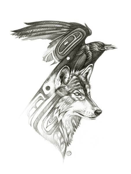 Flying Raven And Wolf Head Tattoo Design