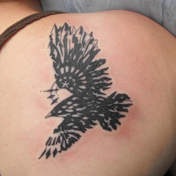 Flying Raven Tattoo On Right Back Shoulder