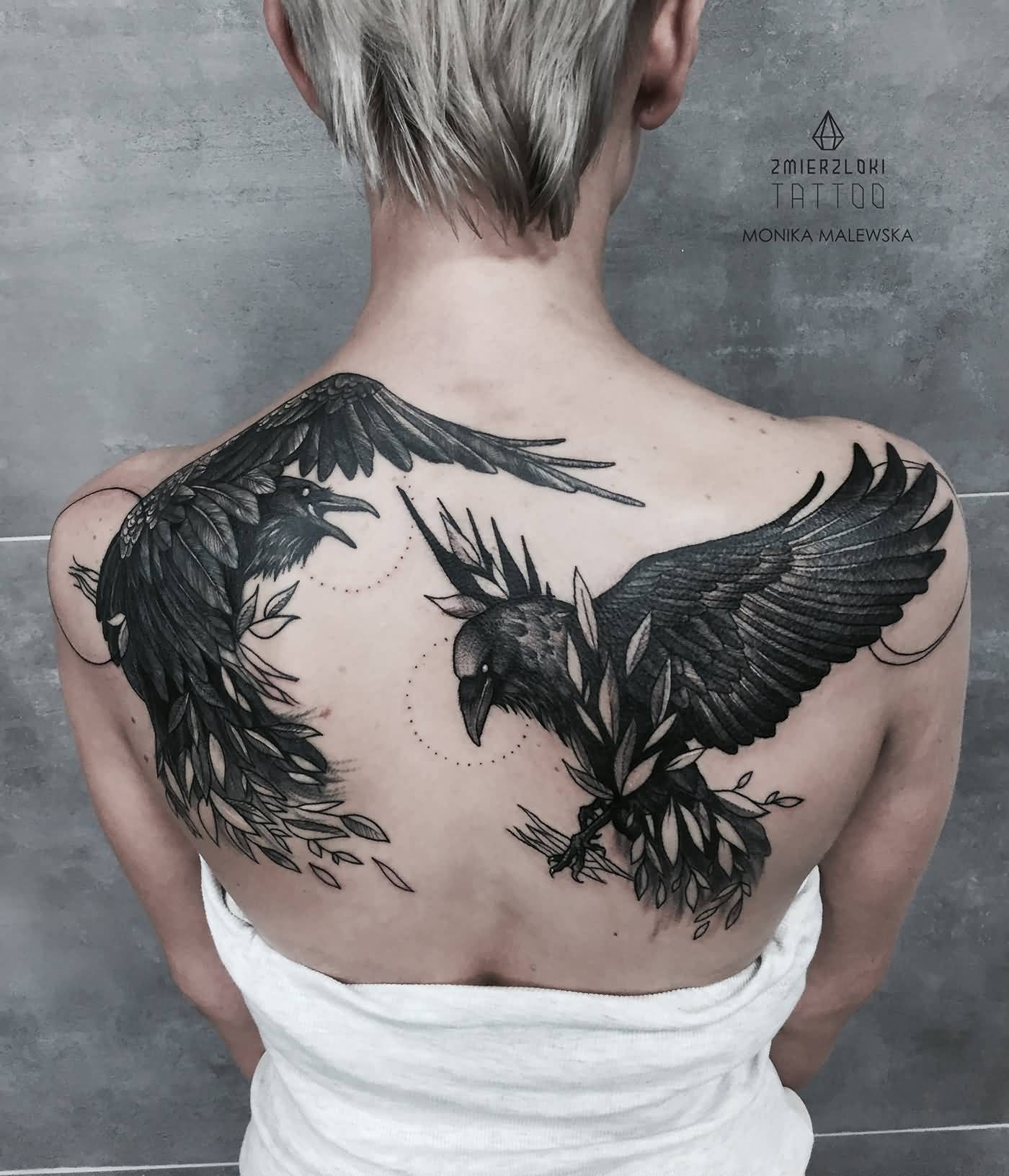 Flying Raven Tattoos On Girl Upper Back