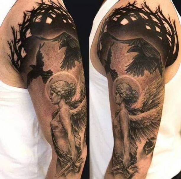 Flying Ravens And Lady Tattoo On Man Left Sleeve