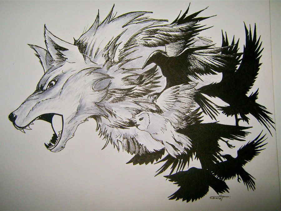 Flying Ravens And Wolf Head Tattoo Design