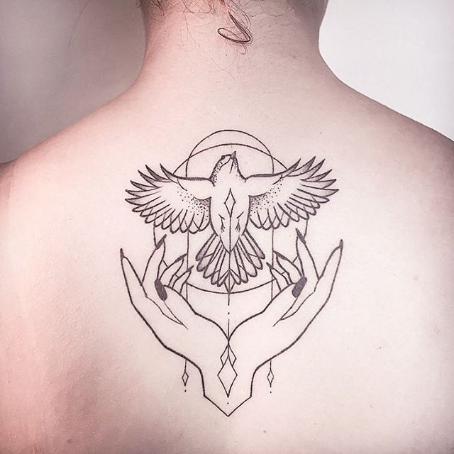 Geometric Peace Dove Tattoo On Upper Back