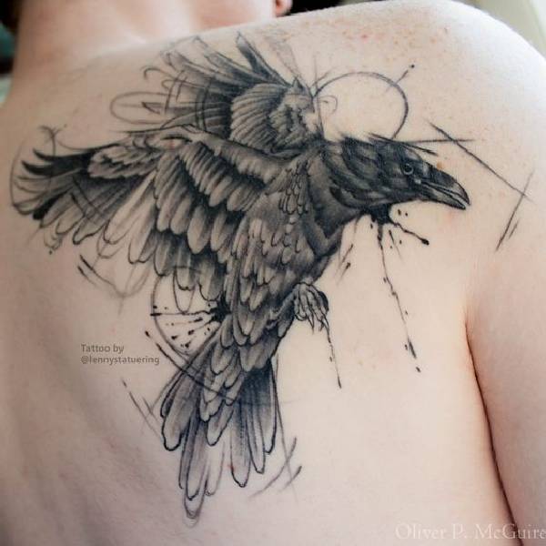 Geometric Raven Tattoo On Man Right Back Shoulder