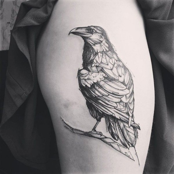 Geometric Raven Tattoos On Side Leg
