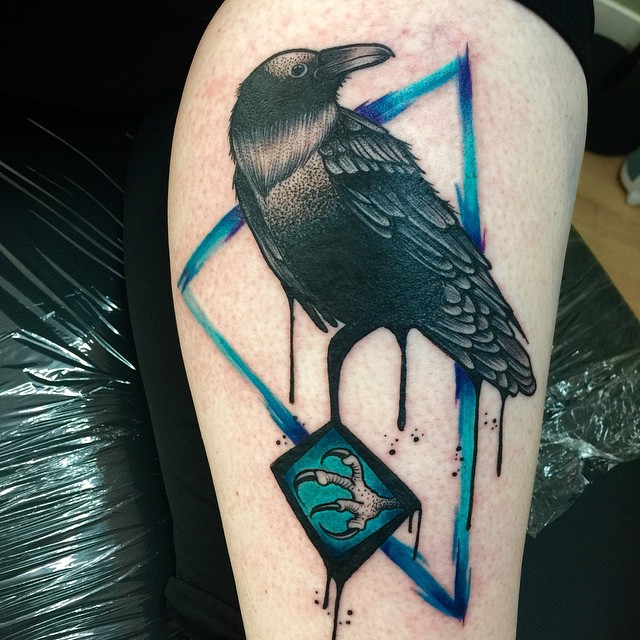 Geometric Triangle And Raven Tattoo On Leg