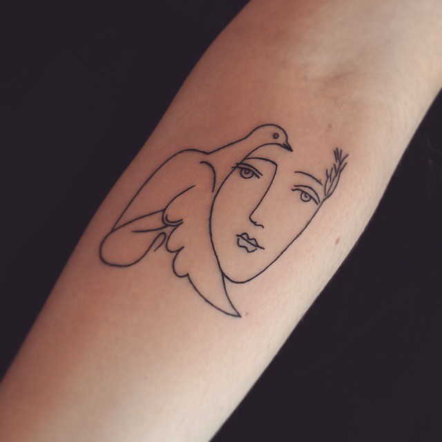 Girl Face And Peace Dove Tattoo On Forearm