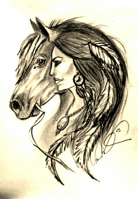 Girl Head And Horse Head Tattoo Design