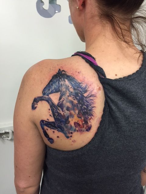Girl Left Back Shoulder Jumping Horse Tattoo