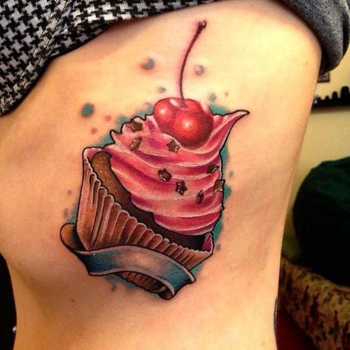Girl Side Rib Cupcake Tattoo