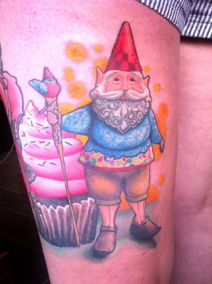 Gnome And Cupcake Tattoo On Right Thigh