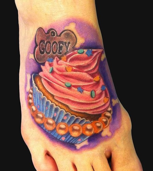 Goofy Cupcake Tattoo On Right Foot
