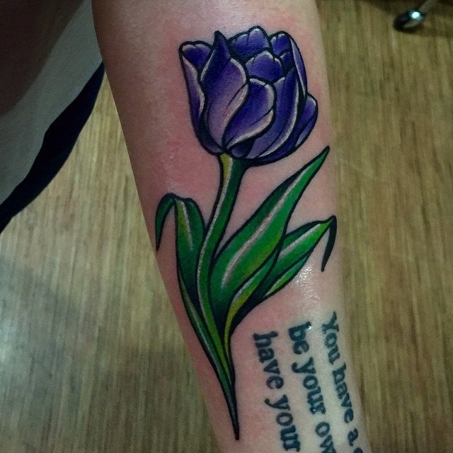 Green And Purple Tulip Flower Tattoo On Sleeve