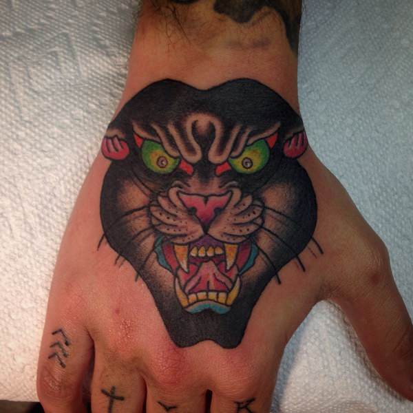 Green Eyes Black Panther Head Tattoo On Right Hand