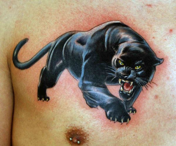 Green Eyes Black Realistic Panther Tattoo On Man Chest