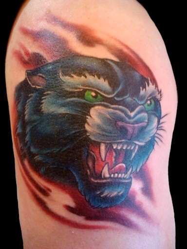 Green Eyes Blue Panther Head Tattoo On Shoulder