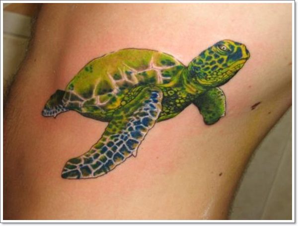 Green Ink Sea Turtle Tattoo On Man Side Rib