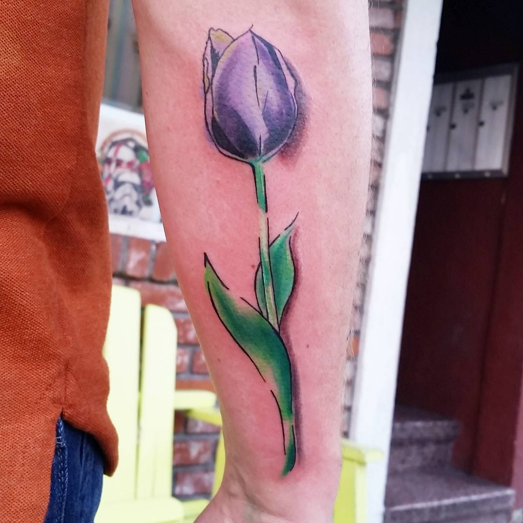 Green Leaves And Purple Tulip Flower Tattoo On Right Arm