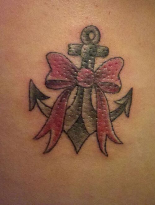 Grey Anchor And Pink Bow Tattoo Idea