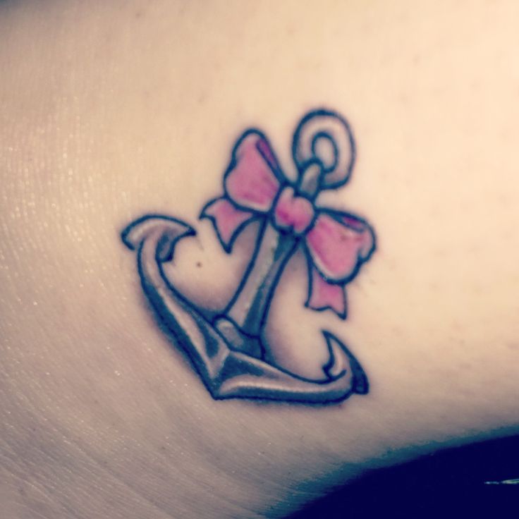 Grey Anchor And Pink Bow Tattoo On Ankle