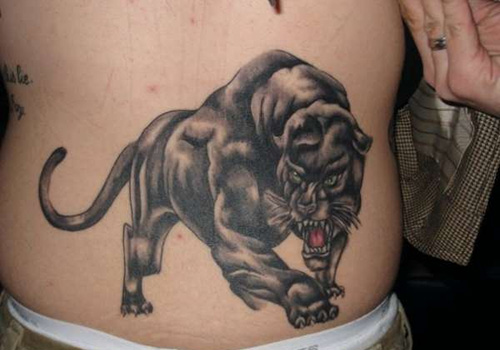 Grey And Black Angry Panther Tattoo On Waist
