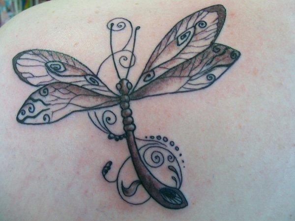 Grey And Black Dragonfly Tattoo On Left Back Shoulder