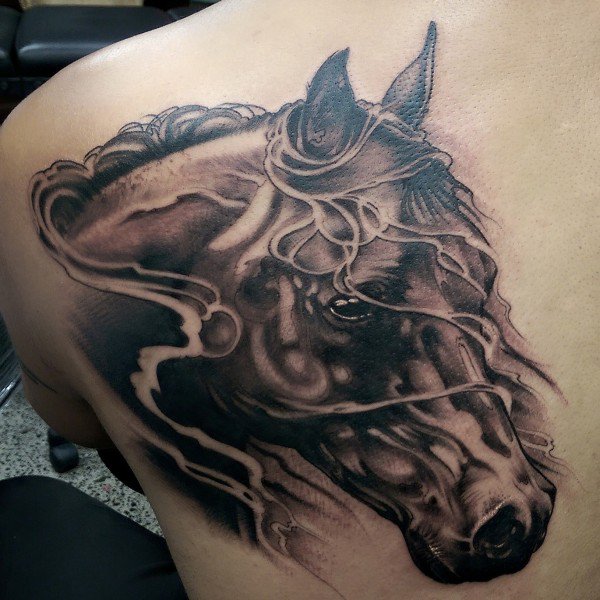 Grey And Black Horse Head Tattoo On Left Back Shoulder