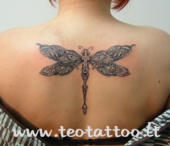 Grey And Black Ink Dragonfly Tattoo On Girl Upper Back