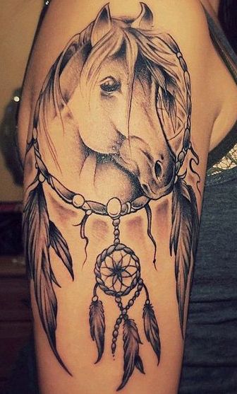 Grey And Black Ink Dremcatcher Horse Tattoo On Right Half Sleeve