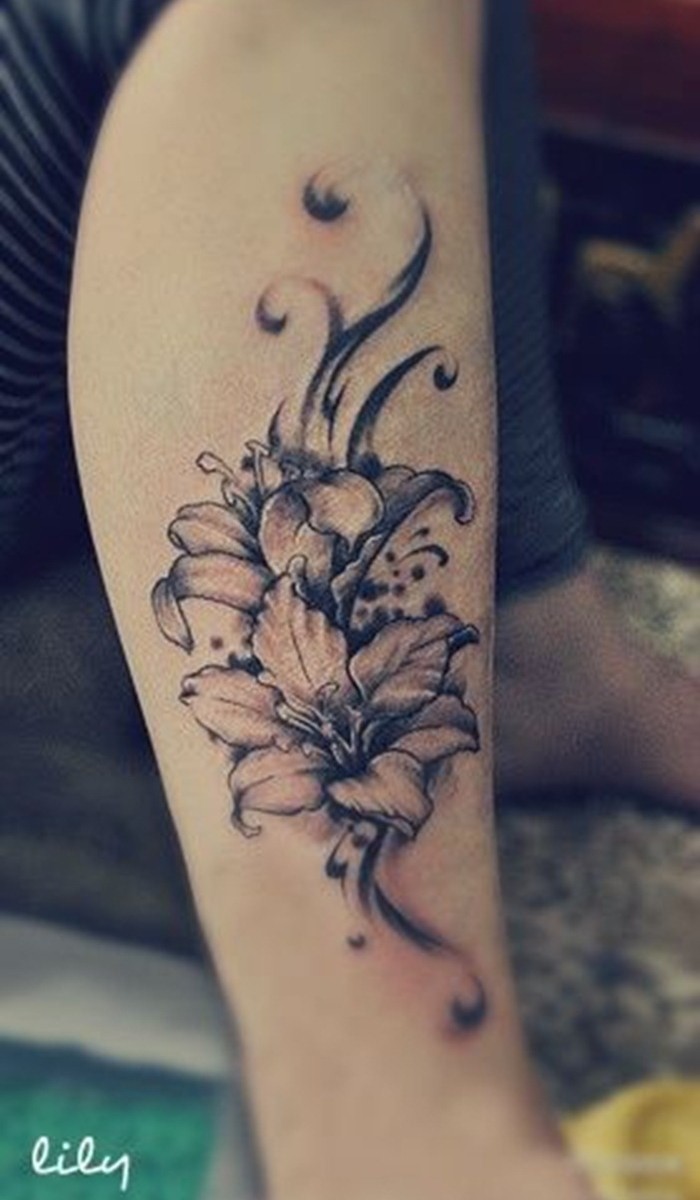 Grey And Black Ink Realistic Lily Tattoo On Side Leg