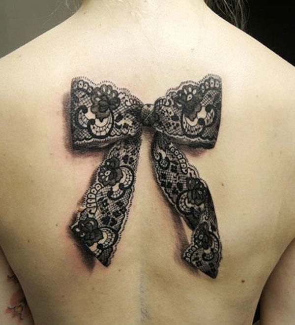 Grey And Black Lace Bow Tattoo on Girl Upper Back