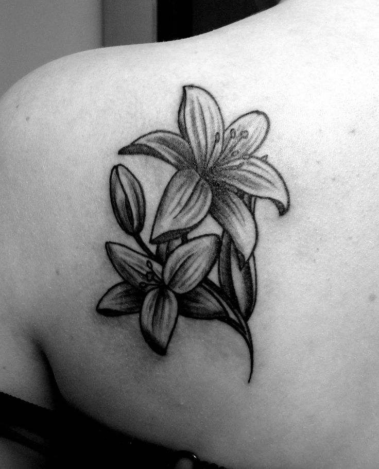 Grey And Black Lily Flowers Tattoo On Back Shoulder