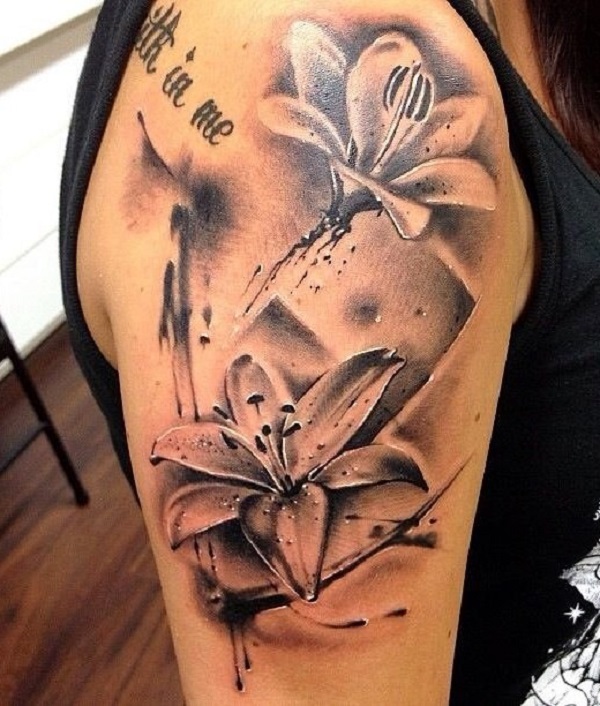 Grey And Black Lily Flowers Tattoos On Right Shoulder