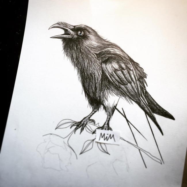Grey And Black Raven Tattoo Design Idea