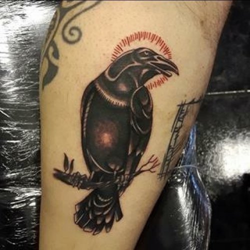 Grey And Black Raven Tattoo On Leg