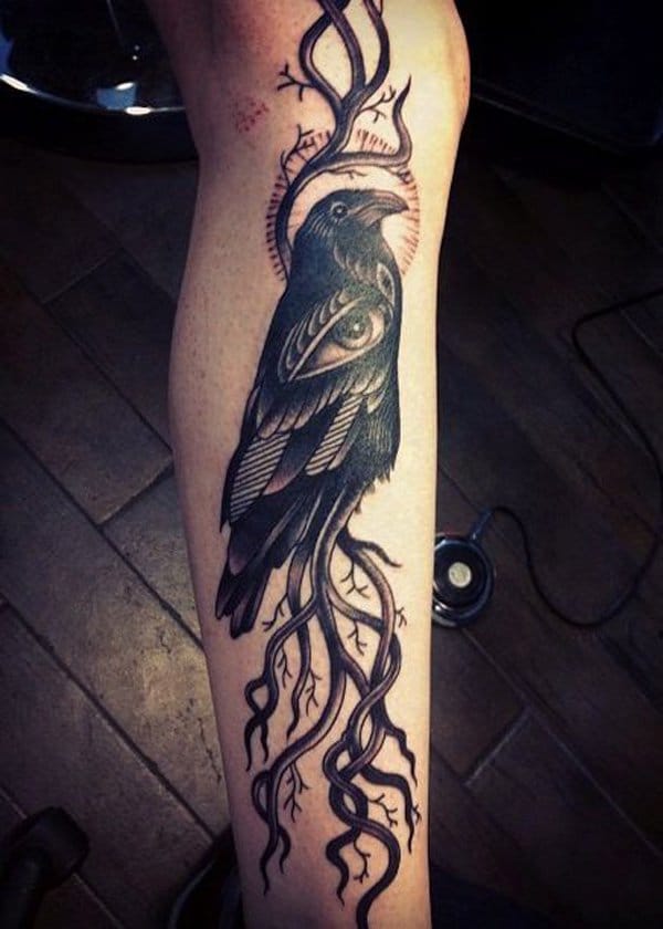Grey And Black Raven Tattoos On Leg