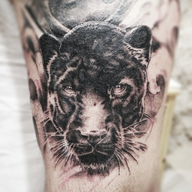 Grey And Black Realistic Panther Tattoo