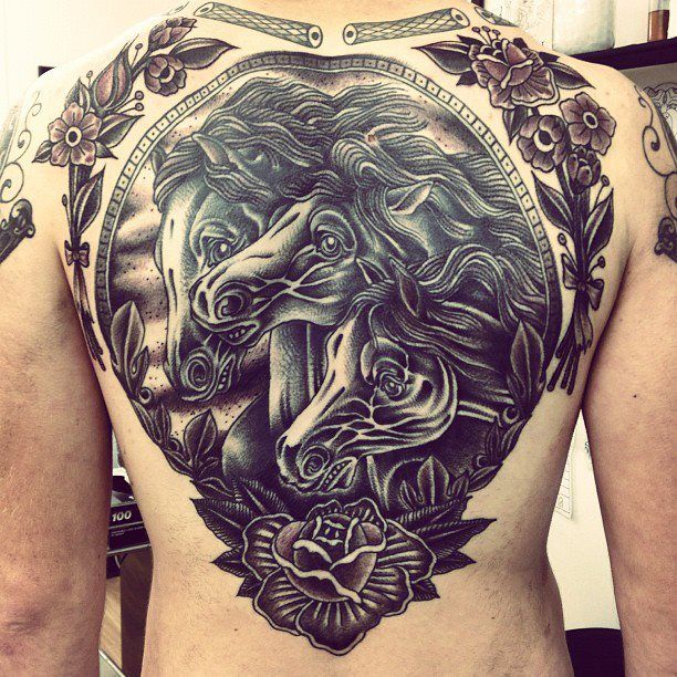 Grey And Black Roses With Three 3D Horse Head Tattoos