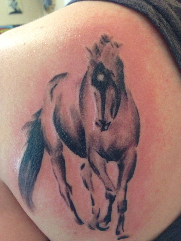 Grey And Black Running Horse Tattoo On Left Back Shoulder