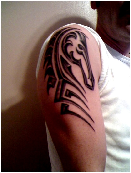 Grey And Black Tribal Horse Head Tattoo On Right Shoulder