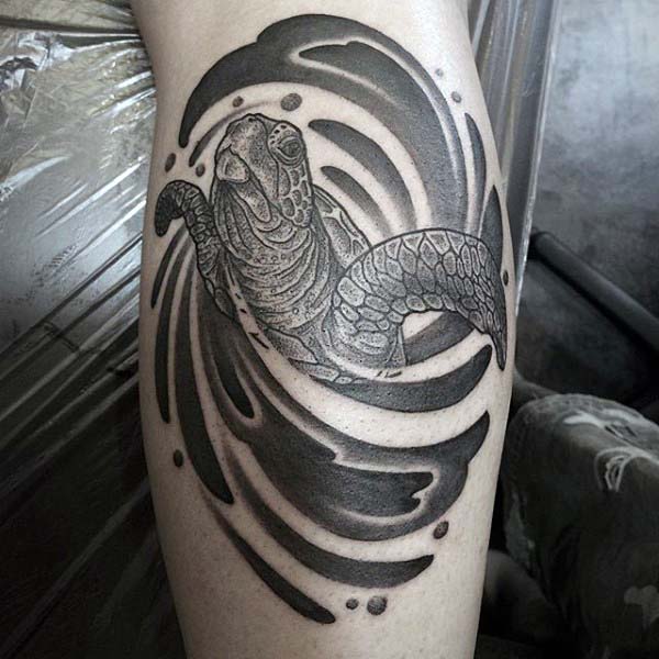 Grey And Black Turtle Tattoo On Back Leg
