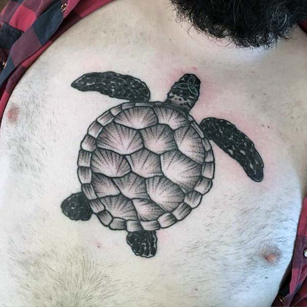 Grey And Black Turtle Tattoo On Chest For Men