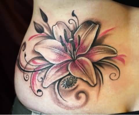 Grey And Pink Lily Tattoo On Girl Lower Back