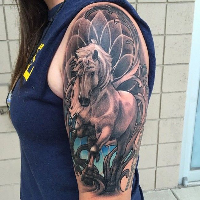 Grey And White Horse Tattoo On Girl Left Half Sleeve