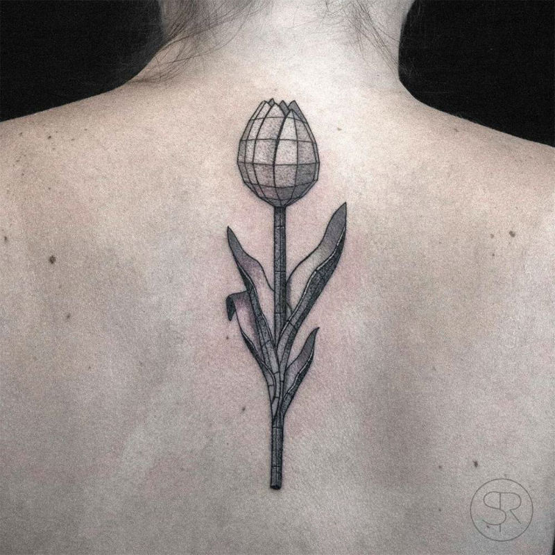 Grey Dotwork Tulip Flower Tattoo On Upper Back