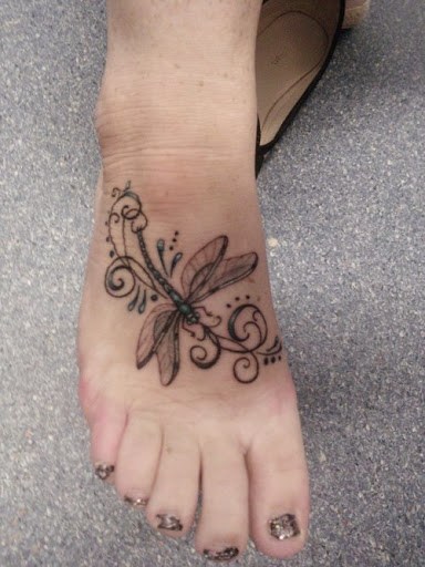Grey Dragonfly Tattoo On Girl Right Foot